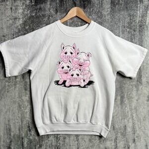Vintage 1980s Jerzees L Made in USA Pig Cartoon Sweatshirt Raglan Short Sleeve